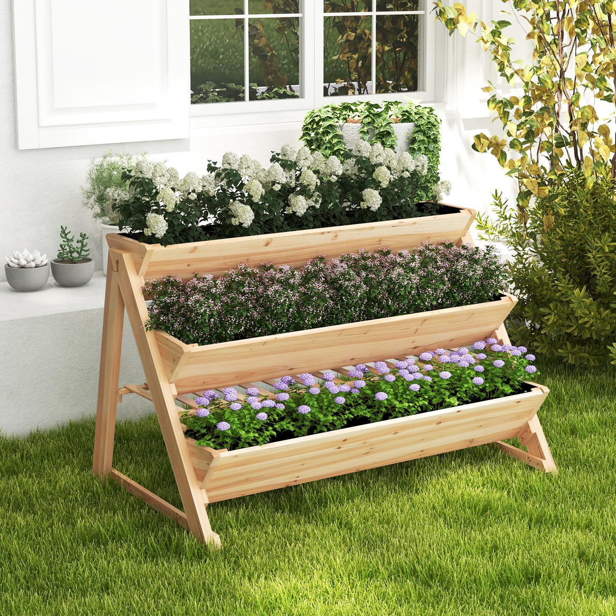 Toolsempire 3 Tiers Raised Garden Bed, Wooden Garden Bed Elevated Garden Planter with Storage Shelf, Bed Liner & 2 Hanging Hooks, Fir Wood Vertical Garden Bed for Patio, Yard, Balcony & Deck Toolsempire