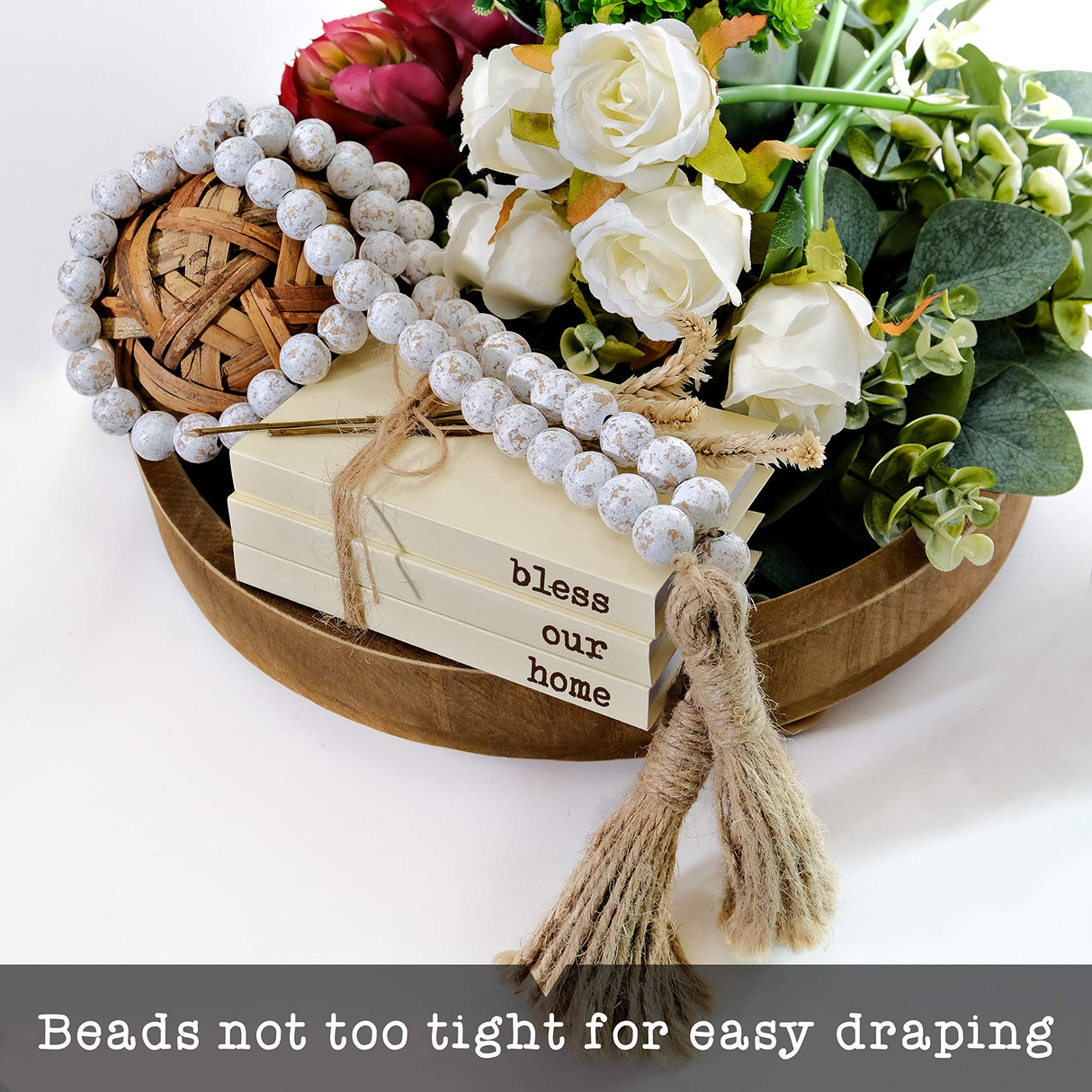 Farmhouse Wood Bead Garland Home Decor, Natural Wooden Garland for Tiered Tray, Decorative Tassel Garland for Tier Tray, Rustic Beads Centerpiece Boho Table Decor, Garland Beaded Accent White Washed MAINEVENT