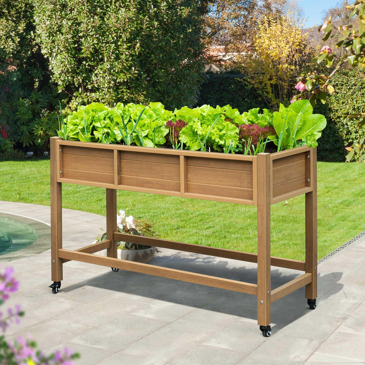 DWVO 47x18x31in Raised Garden Bed, Weather Resistant Poly Wood Planter Box Stand, Planter Box with Legs & Lockable Wheels, Elevated Garden Bed for Backyard Patio Balcony - Brown DWVO