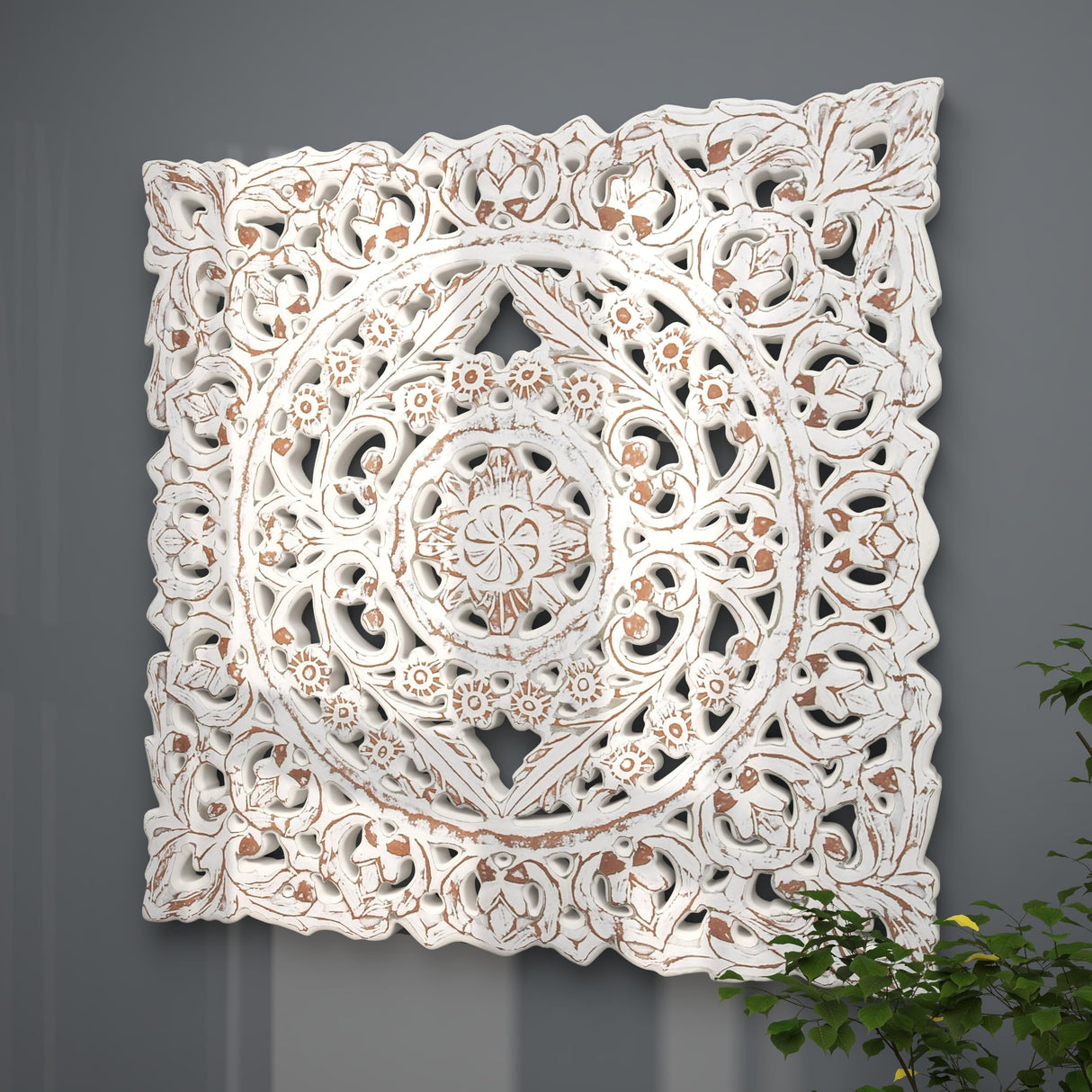 Deco 79 Wooden Floral Handmade Home Wall Decor Intricately Carved Wall Sculpture with Mandala Design, Wall Art 36" x 2" x 36", White Deco 79