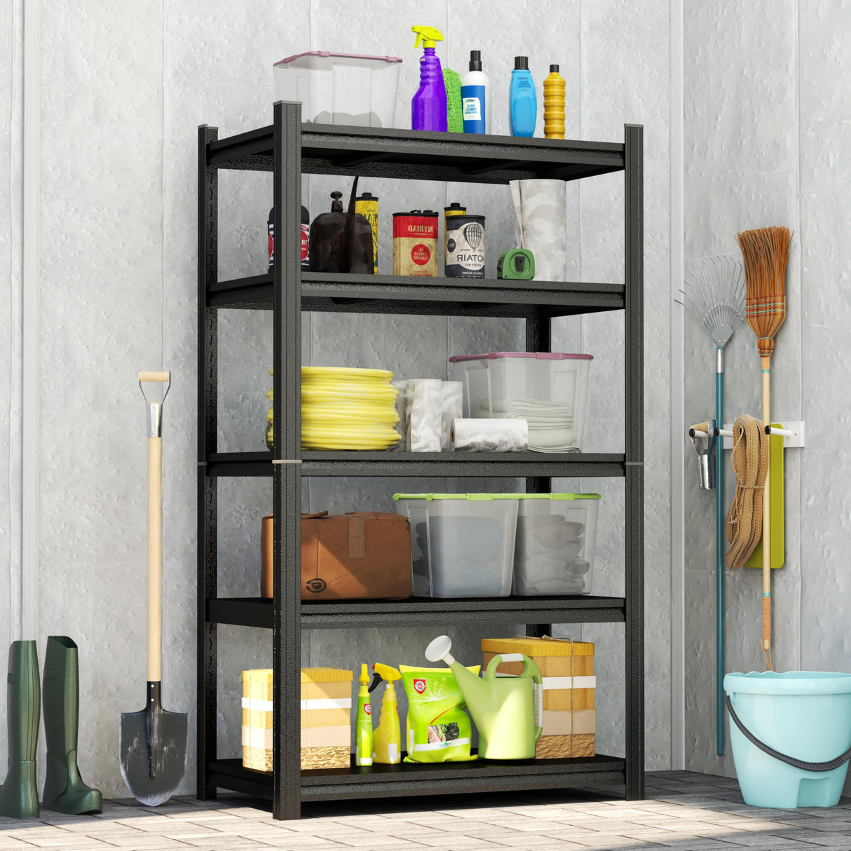 63" H Metal Garage Shelving Heavy Duty 2000LBS Adjustable Storage Shelves Unit 5 Tier garage storage shelves Utility Storage Rack Shelf for Basement, Commercial, Warehouse, Industrial, Black PRESTELION