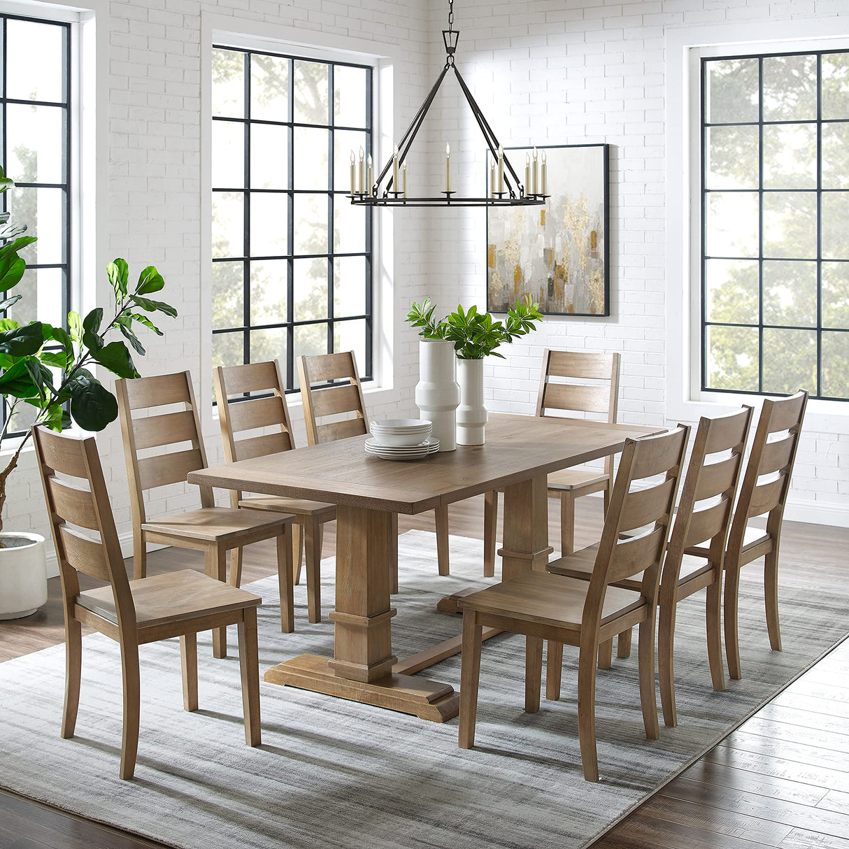Crosley Furniture Joanna 9-Piece Modern Farmhouse Dining Table Set for 8 with Ladderback Chairs, Rustic Brown Crosley Furniture