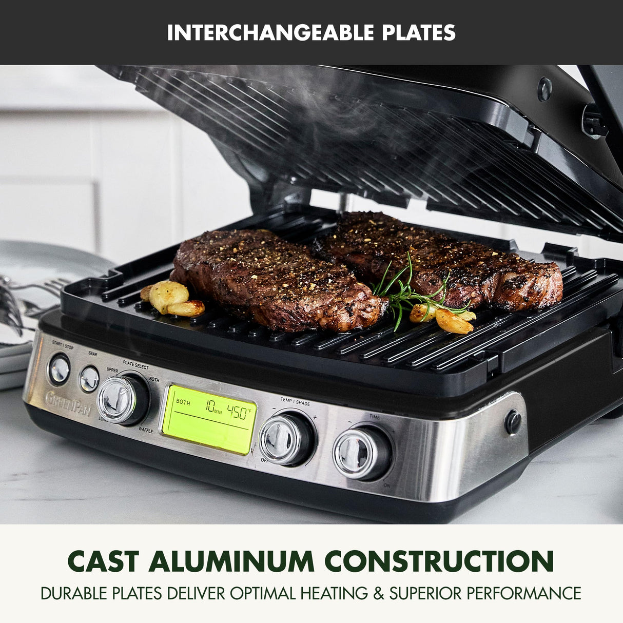 GreenPan Elite 7-in-1 Multi-Function Contact Grill & Griddle, Healthy Ceramic Nonstick Aluminum, Grill & Waffle Plates, Adjustable Shade & Shear, Closed Press/Open Flat Surface, PFAS-Free, Black GreenPan