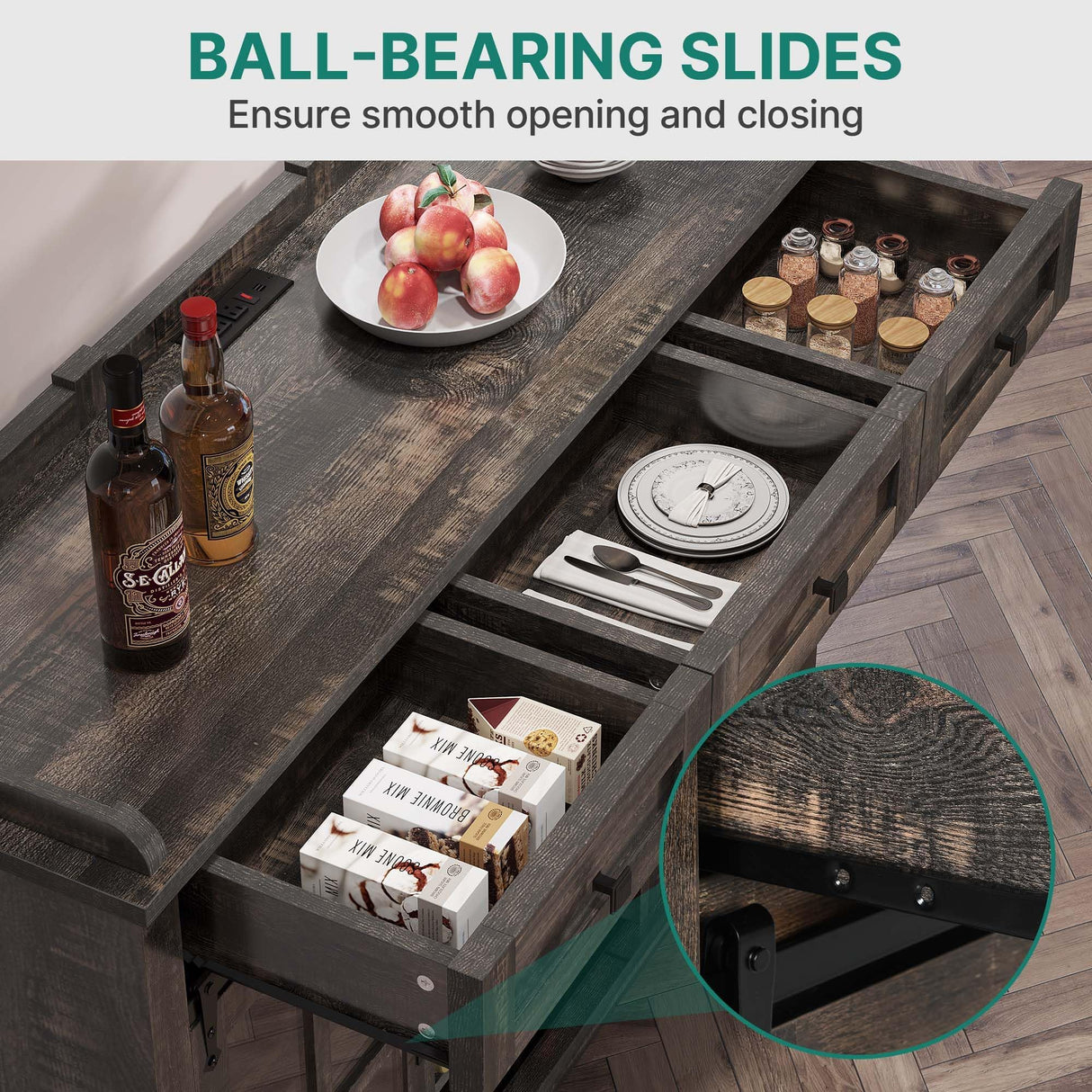 DWVO Farmhouse Coffee Bar Cabinet,53” Kitchen Sideboard Buffet Cabinet with Storage, 3 Drawers & Sliding Barn Door, Storage Cabinet with Glass Door for Kitchen & Living Room, Dark Rustic Oak DWVO