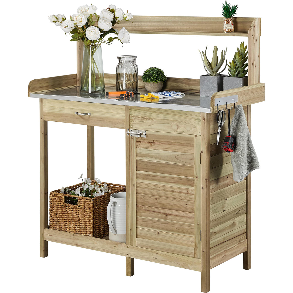 Topeakmart Garden Potting Bench Potting Table ACQ Lumber Wood Outdoor Work Station Work Bench Planting with Cabinet & Drawer & Top Shelf & Lower Shelf Light Green Topeakmart