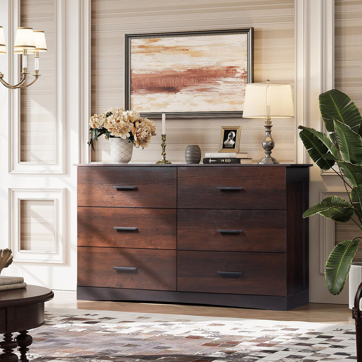 WLIVE Wood Dresser for Bedroom, Wide Chest of Drawers with 6 Drawers, Large Brown Storage Tower Unit, Modern Minimalist Closet Store Organizer for Living Room, Hallway WLIVE