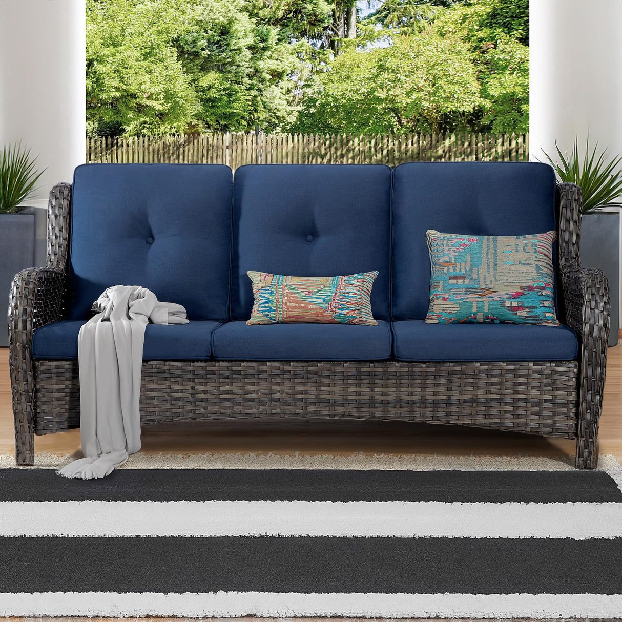 Joyside Outdoor Patio Couch Wicker Sofa - 3 Seater Rattan Sofa for Outside Patio Garden with Deep Seating and Olefin Cushions(Mixed Grey/Blue) Joyside