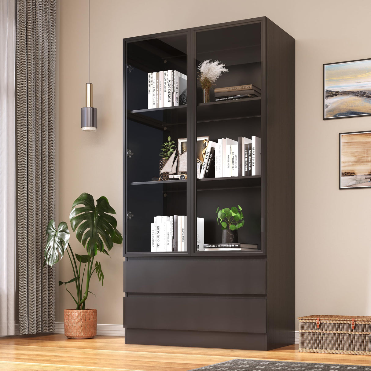 Wildhome Display Cabinet with Glass Doors & 2 Drawers,LED Lights Glass Display Case,Showcase for Collections, Curio Cabinets, Bookcase and Glassdoor Display Cabinet(Black- 2 Drawers) Wildhome