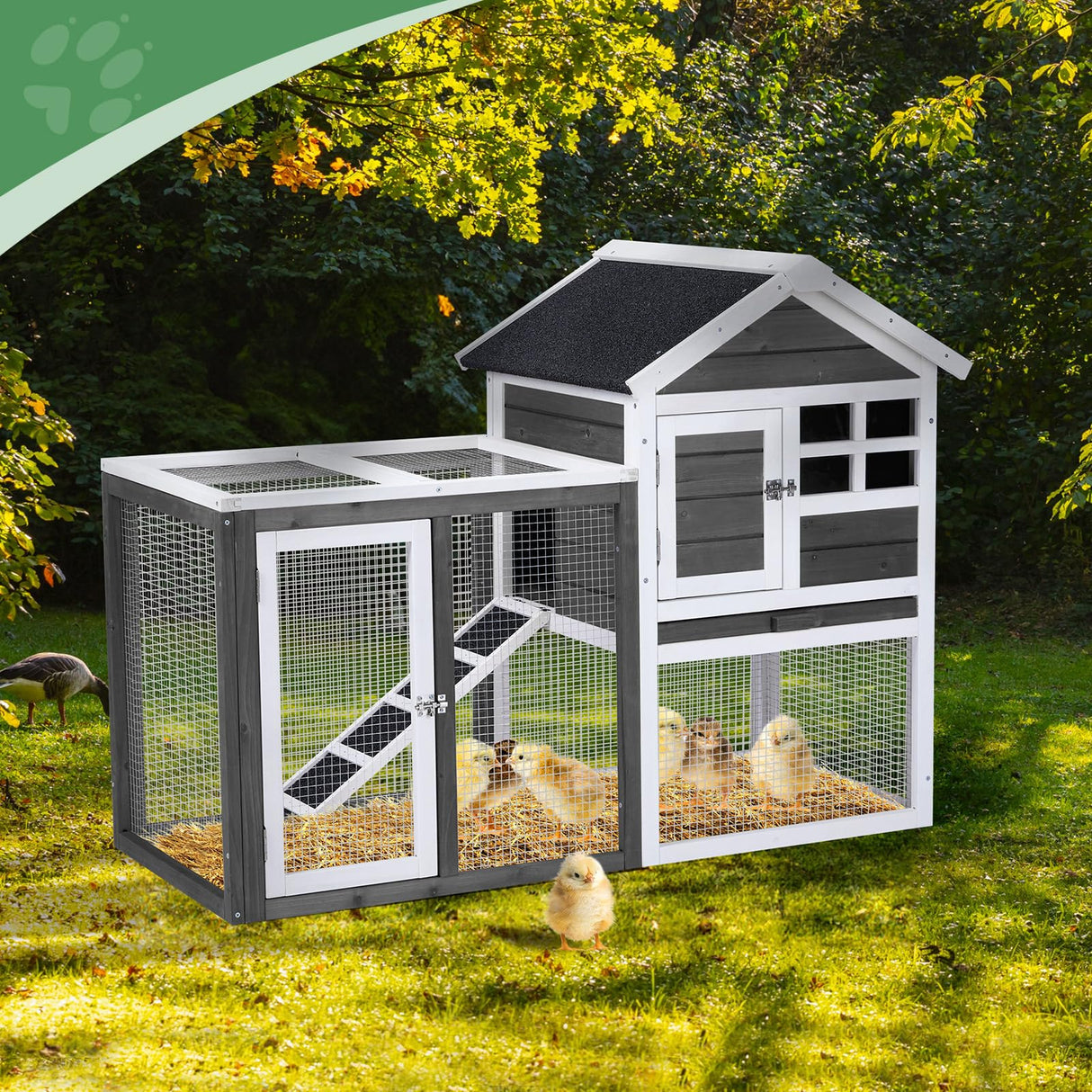 Outvita Rabbit Hutch, Small Wood Chicken Coop, 48" Guinea Pig Cage w/Pull-Out Tray, Waterproof Asphalt Roof, Chicken Run, Interactive Door for Small Animal Pen Outdoor Outvita