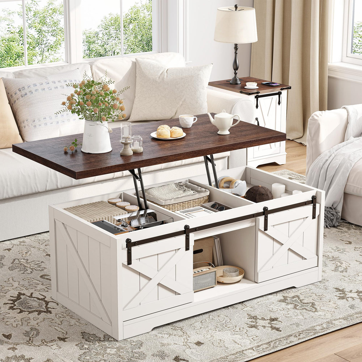EnHomee Farmhouse Lift Top Coffee Table with Sliding Barn Door 48" W Large Coffee Tables for Living Room, Wood Center Table with Hidden Storage Compartment, Antique White EnHomee
