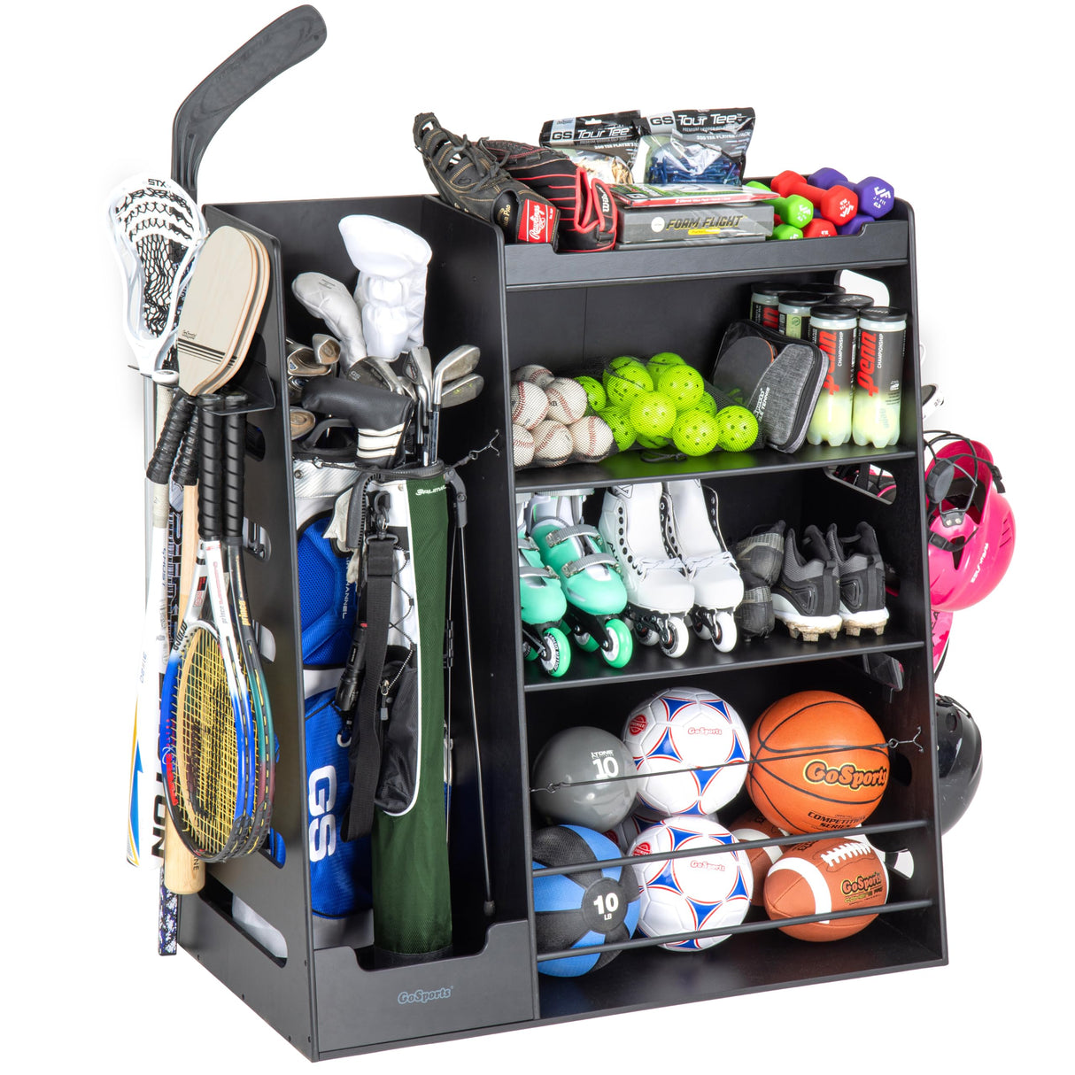 GoSports Premium Wooden Sports Equipment Organizer with Storage Hooks - Golf Bag Rack and Multi-Sport Ball Bin for Garage GoSports
