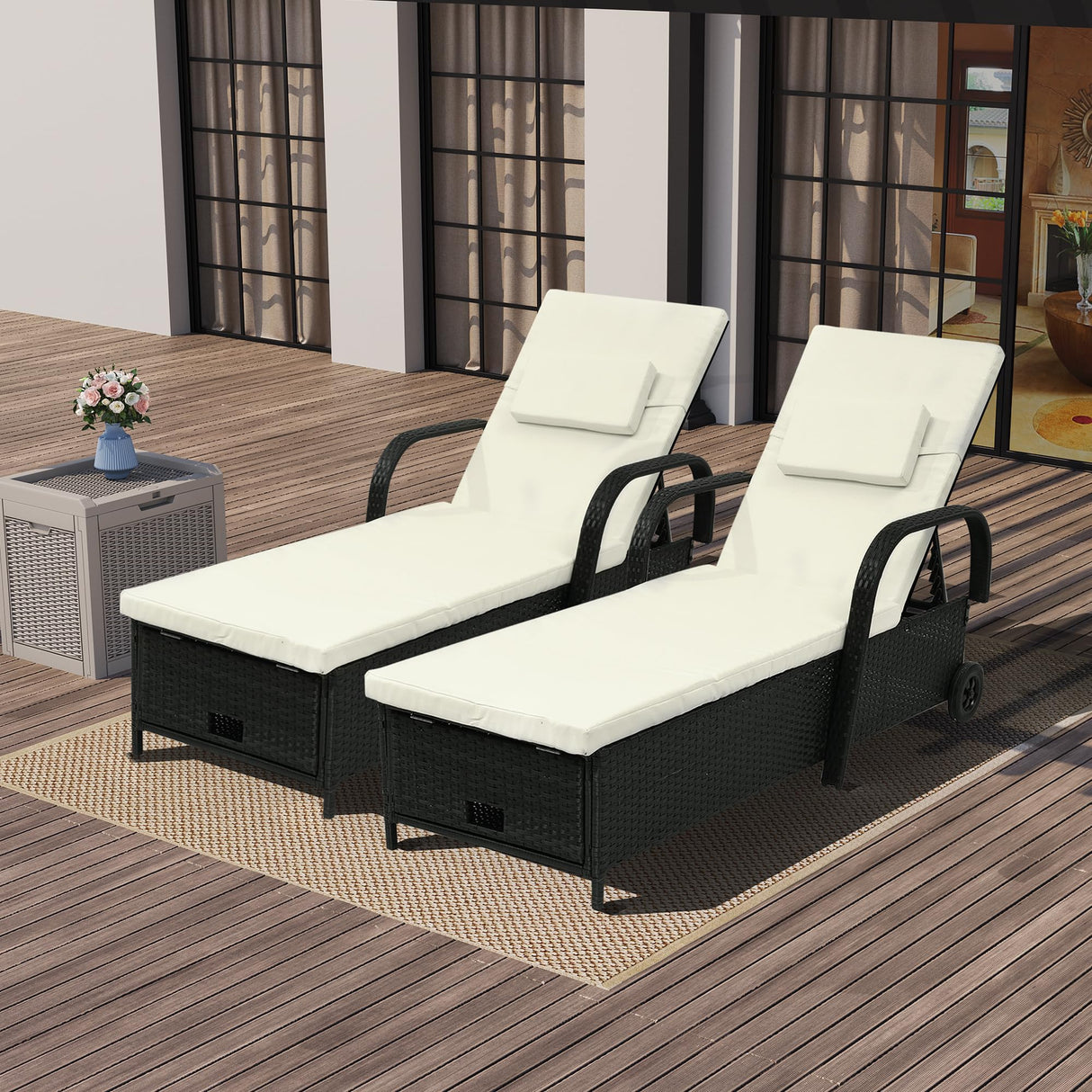 YITAHOME Chaise Lounge Chair with Storage, Wicker Patio Lounge Set of 2 with 5-Position Backrest, Rattan Pool Reclining with Headrest, Arm, Cushion, and Wheel for Poolside Balcony Garden(Black+Beige) YITAHOME