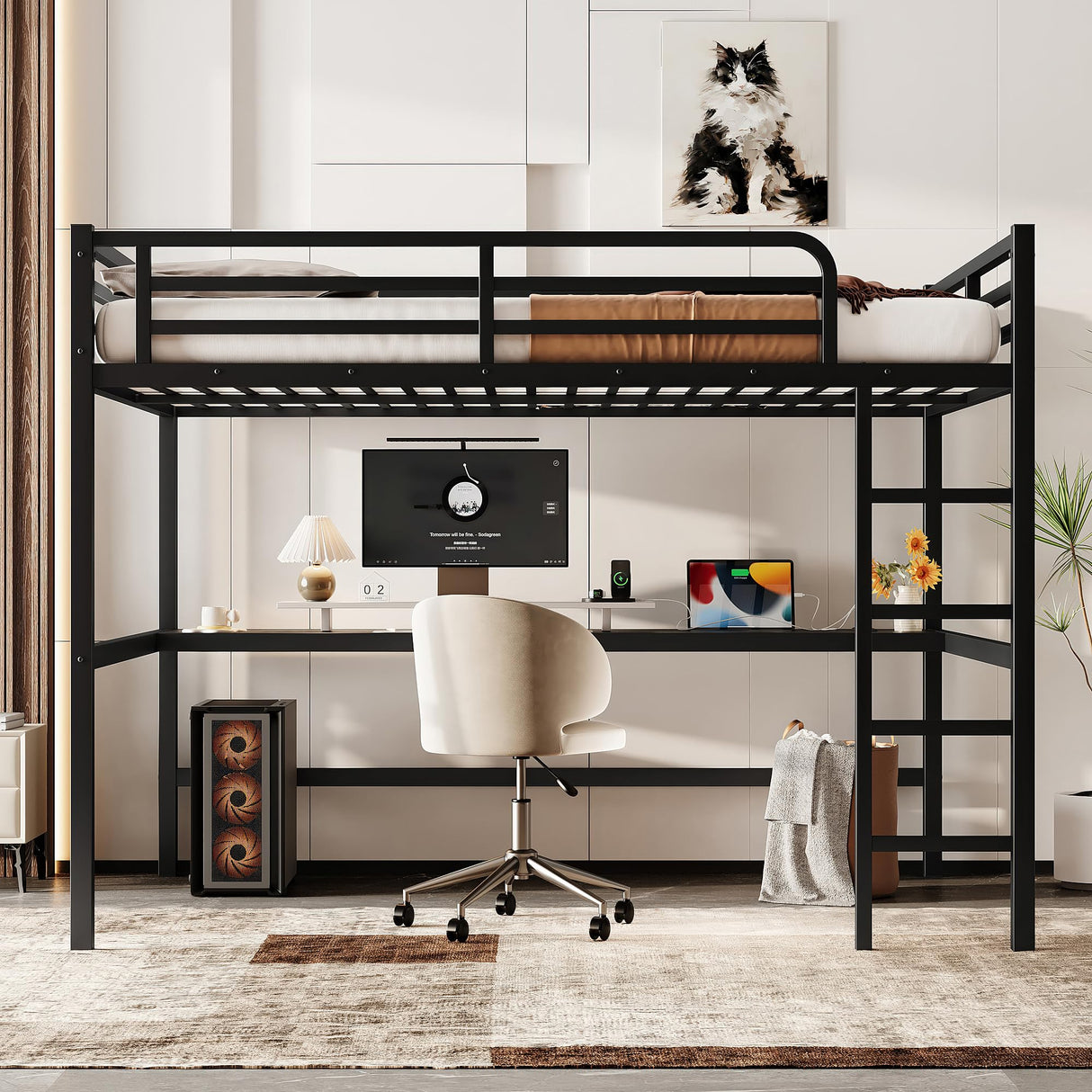 KEIKI Metal Queen Size Loft Bed with Power Outlet and LED Lighted, Space-Saving, Noise Reduced, Black KEIKI