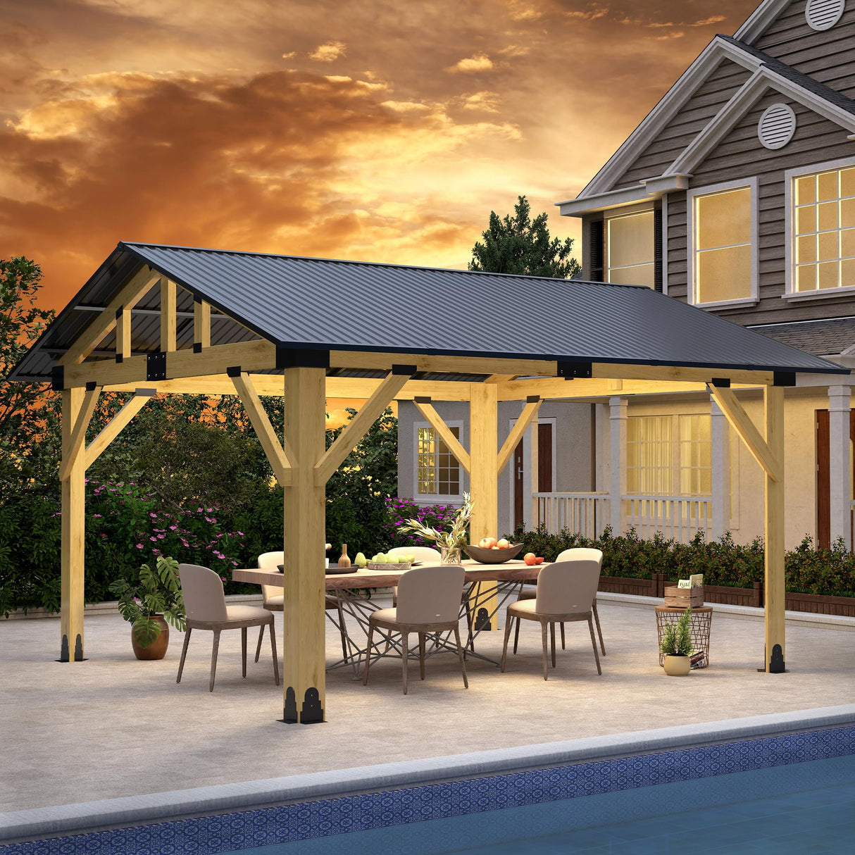 Raysfung 11' x 13' Wood Gazebo, Outdoor Hardtop Gazebo with Galvanized Steel Roof, Cedar Wooden Frame Gazebo for Garden, Patio, Deck Raysfung