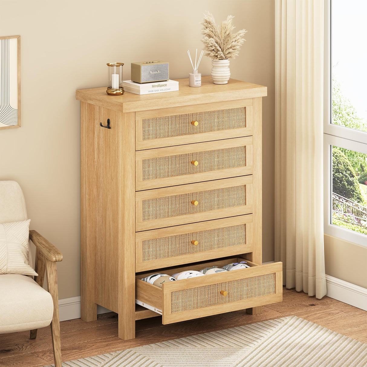 Natural Rattan Dresser for Bedroom with 5 Drawers, Wood Boho Chest of Drawers with Gold Metal Handle, Matte Top Bedroom Tall Dresser with Large Drawers for Living Room, Closet, Hallway, (Nartual Oak) Jocoevol
