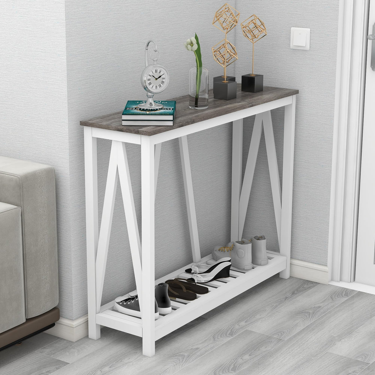 UYIHOME Farmhouse Entryway Console Table, 39.3inch Sofa Table Behind The Couch, Narrow Entryway Table for Hallway, Living Room, Foyer, Oak Grey UYIHOME