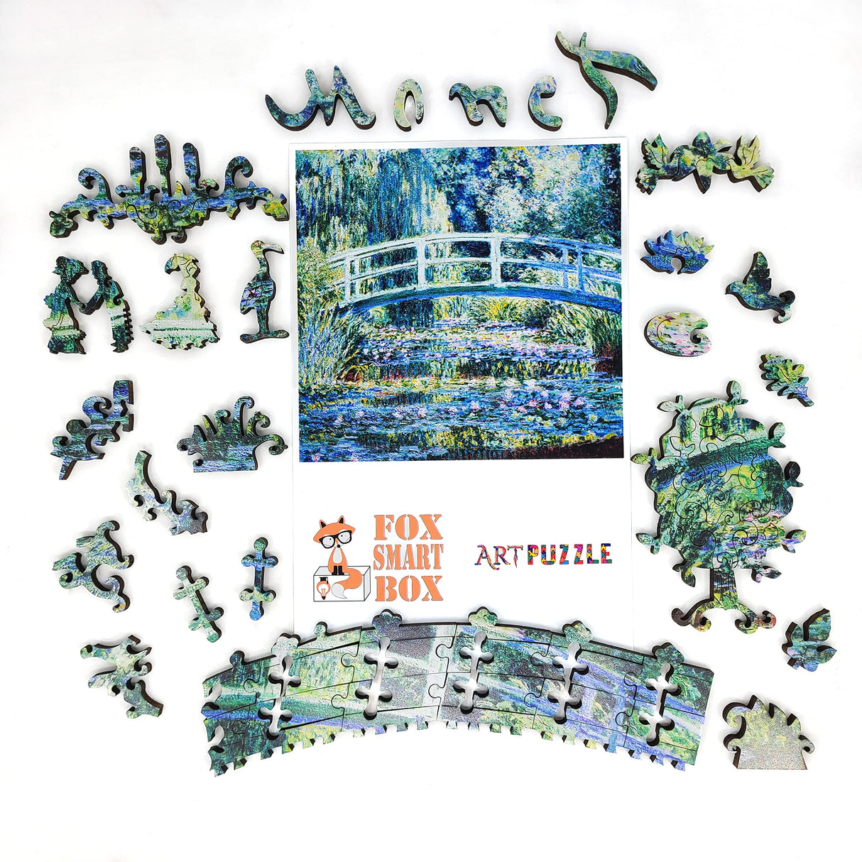 Wooden Jigsaw Puzzle for Adults - Uniquely Shaped Pieces - Made in The USA by FoxSmartBox - 210 Pieces - Water Lilies and Japanese Bridge FoxSmartBox