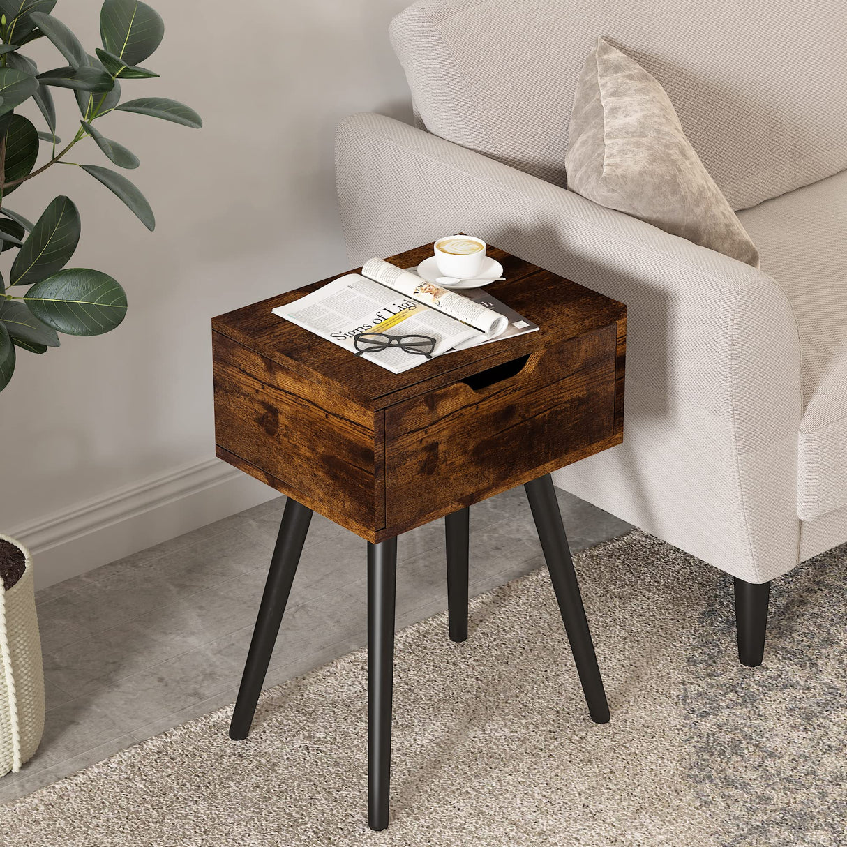 JAXPETY Set of 2 Retro Brown Nightstands with Drawer, Mid-Century Nightstands for Bedroom or Living Room with Solid Wood Legs JAXPETY