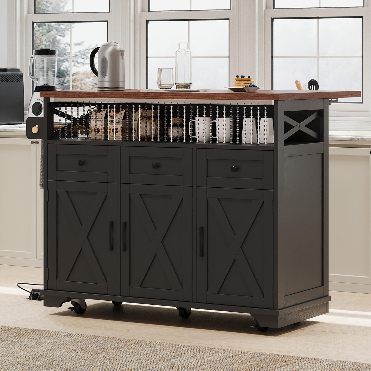 Hlcodca 46.5'' Farmhouse Kitchen Island with Charging Station, Drop Leaf & Bead Drape - Mobile Rolling Cart, Ample Storage, Rustic Wood Grain Countertop for Compact Spaces (Black+Brown) Hlcodca