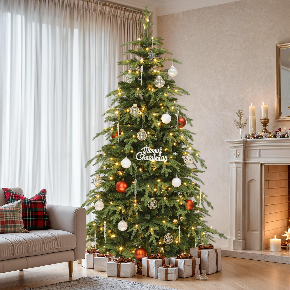 YITAHOME 7.5FT Prelit Slim Fraser Grande Christmas Tree with Remote Control, Artificial Hinged Drooping Pencil Prelit Holiday Christmas Tree w/ 2199 Mixed PE & PVC Tips, 400 Lights & 11 Light Modes YITAHOME