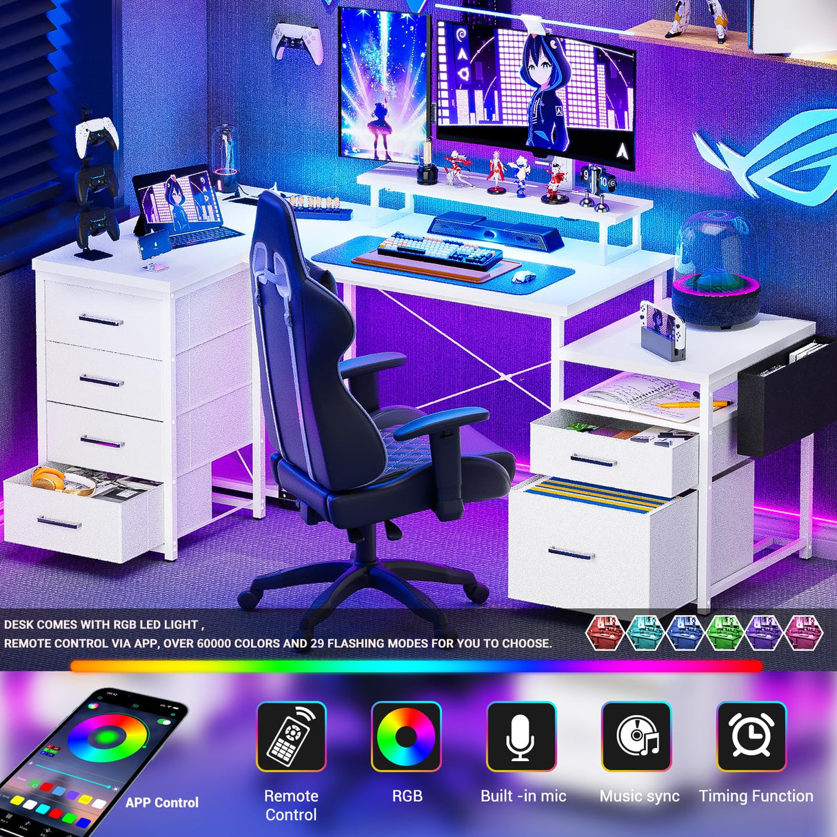 Unikito 70.8" Reversible L Shaped Computer Desk with Fabric File Drawers, Corner Desk with RGB LED Light & Power Outlets & Monitor Stand, Large Gaming Desk for Home Office Workstation, White Unikito