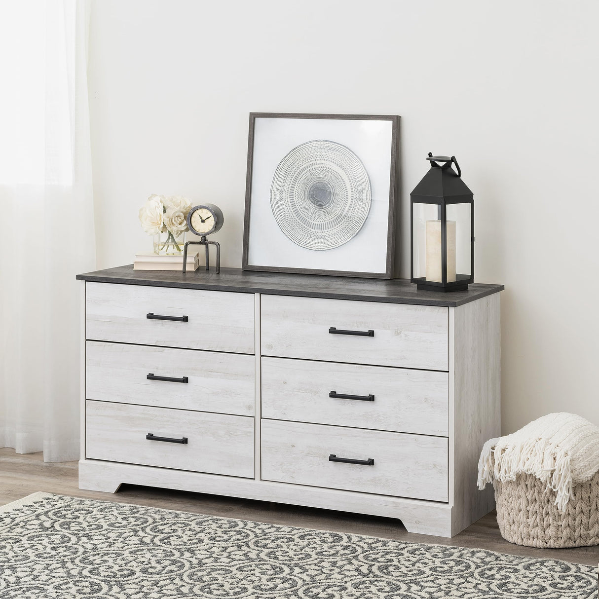 Prepac Rustic Ridge Farmhouse 6-Drawer Chest of Drawers for Bedroom, Wooden Bedroom Drawer Dresser with 6 Storage Drawers, 18.25in x 53.25in x 28.5in, Washed White, ADBR-1606-1 Prepac