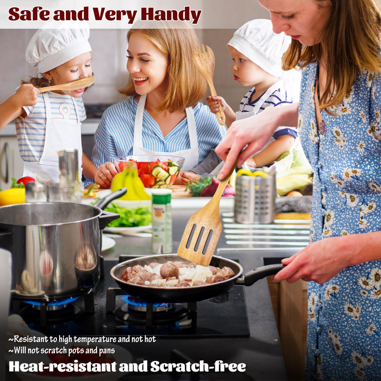 Utensil Cooking Spoon Set with Holder : KINGSOW 9 Pcs Wooden Spoons for Kitchen Nonstick Cookware KINGSOW