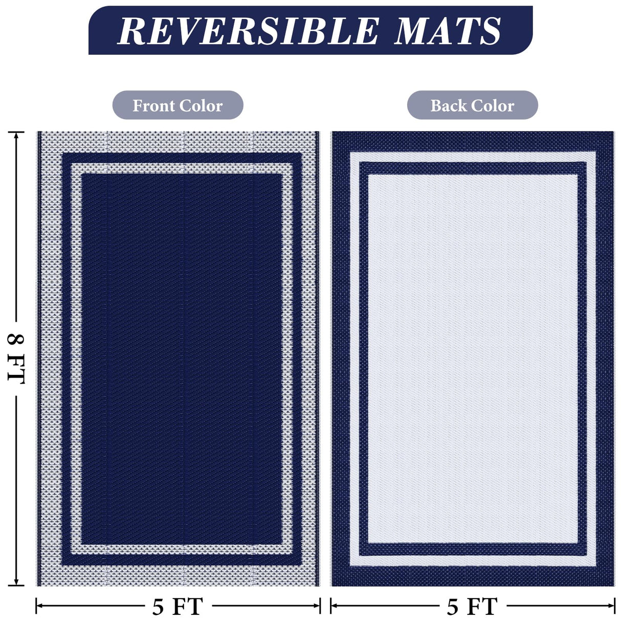 KMAT Outdoor Rug, Waterproof Reversible Patio Rugs, 5x8ft Large Outdoor Area Rug Foldable Plastic Camping Rugs for Outside RV, Patio,Picnic,Camper,Balcony,Porch (Blue &White) KMAT