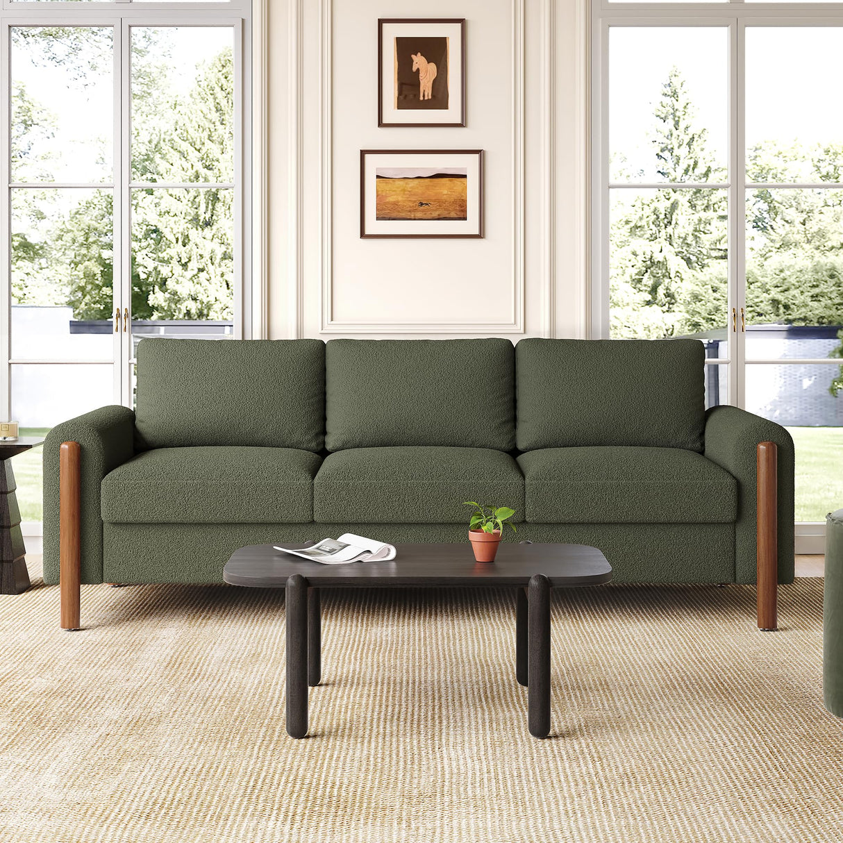 Merax 83.86" 3-Seater Sofa, Curved Armrest with Integrated Solid Wood Legs, Teddy Velvet Fabric, High Weight Capacity (250 lbs/seat), Durable Solid Wood Frame,Green Merax