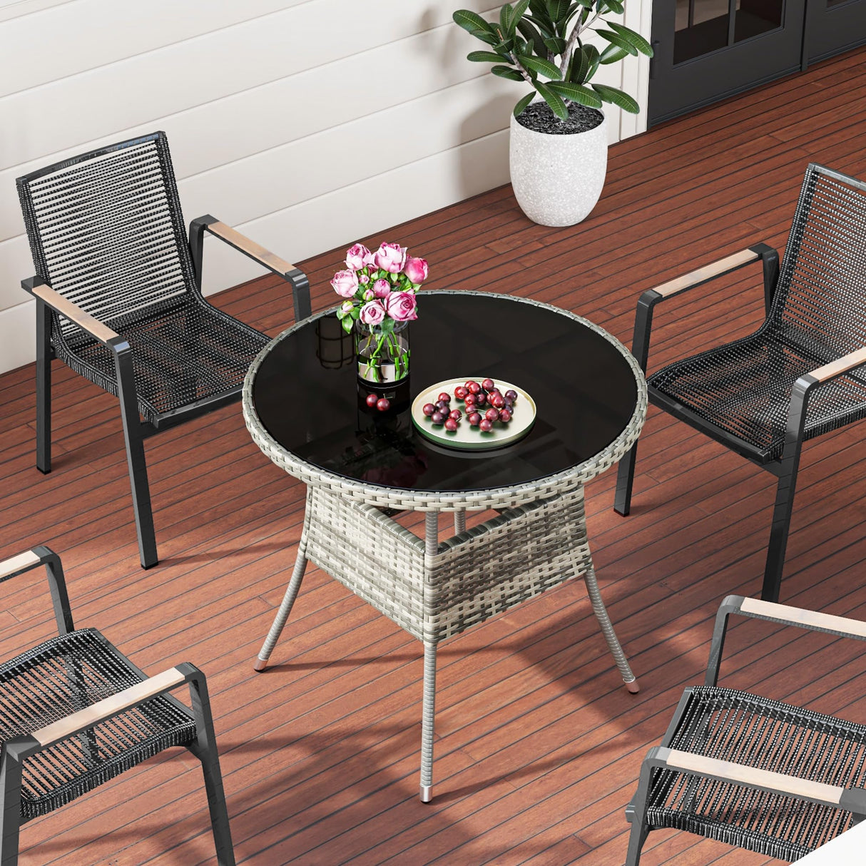 YITAHOME 31.5" Patio Table for 4-Person, Outdoor Patio Wicker Round Dining Table, All-Weather Rattan Bistro Dining Table w/Glass Tabletop for Backyard Deck Porch Poolside, Gray YITAHOME