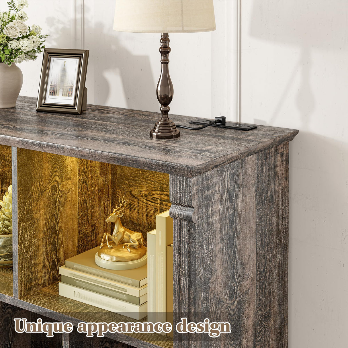 EnHomee 7 Cube Bookshelf Cubby Storage Organizer with LED Lights and Charging Station, Wood Shelf Display Cabinet for Bedroom, Living Room, Office Black Oak EnHomee