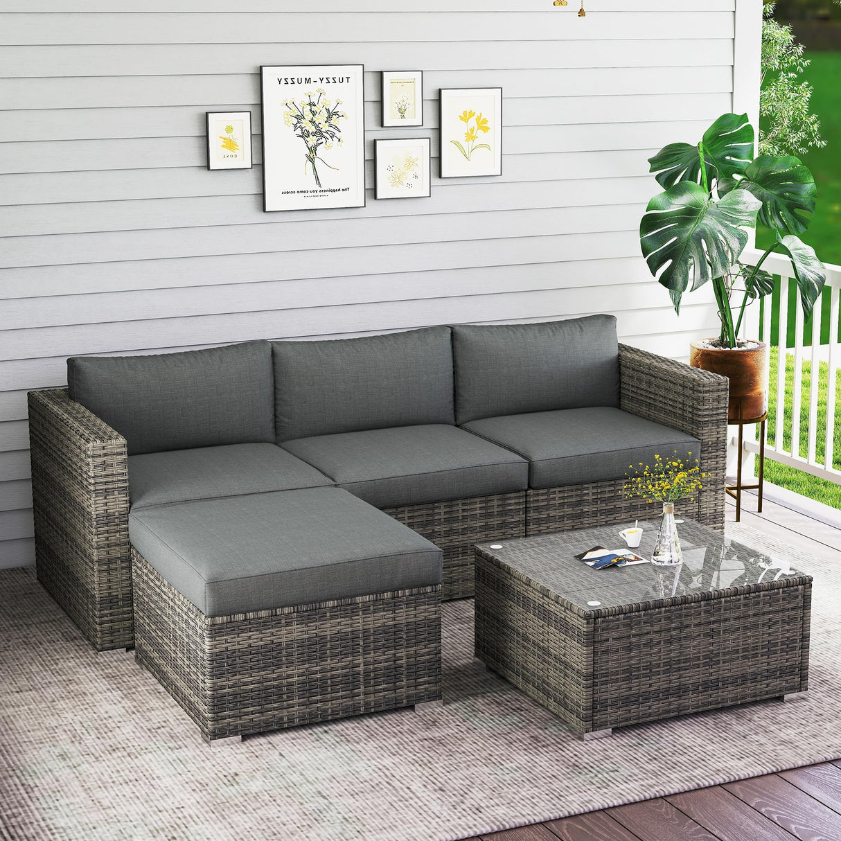 Wisteria Lane 5-Pieces Outdoor Patio Furniture Set, All Weather Wicker Rattan Sectional Sofa, Patio Conversation Set with Cushions & Glass Coffee Table for Backyard Porch Garden Balcony, Grey Wisteria Lane