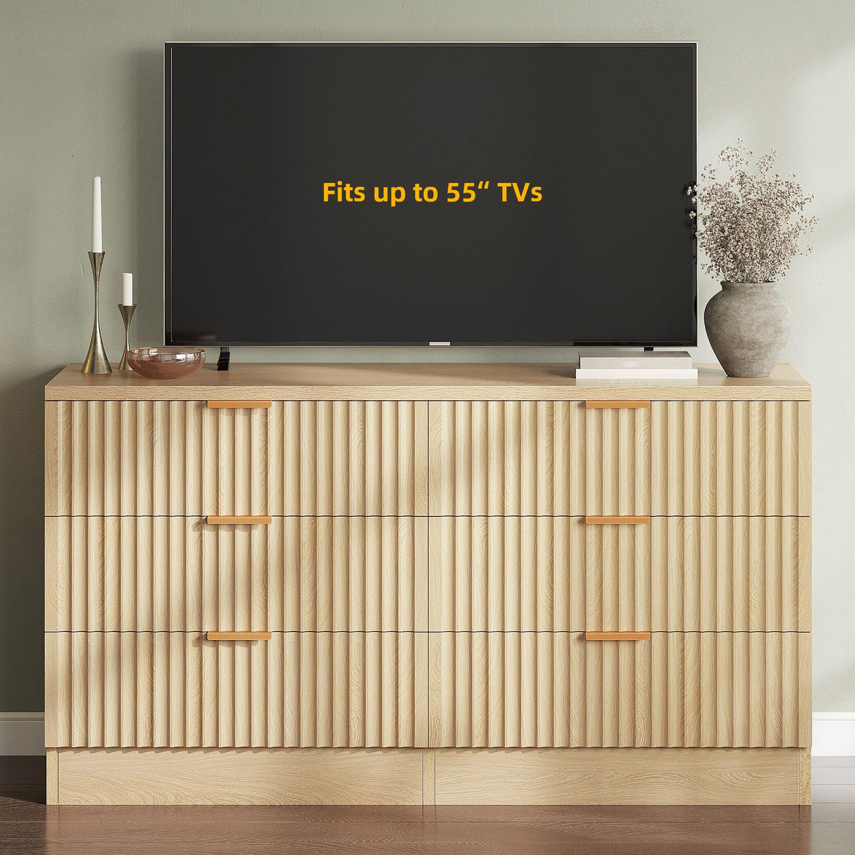 DWVO 6-Drawer Dressers, Chest of Drawers with Fluted Panel, Wide Versatile Storage Dresser Organizer for Living Room, Kitchen and Office, Natural DWVO