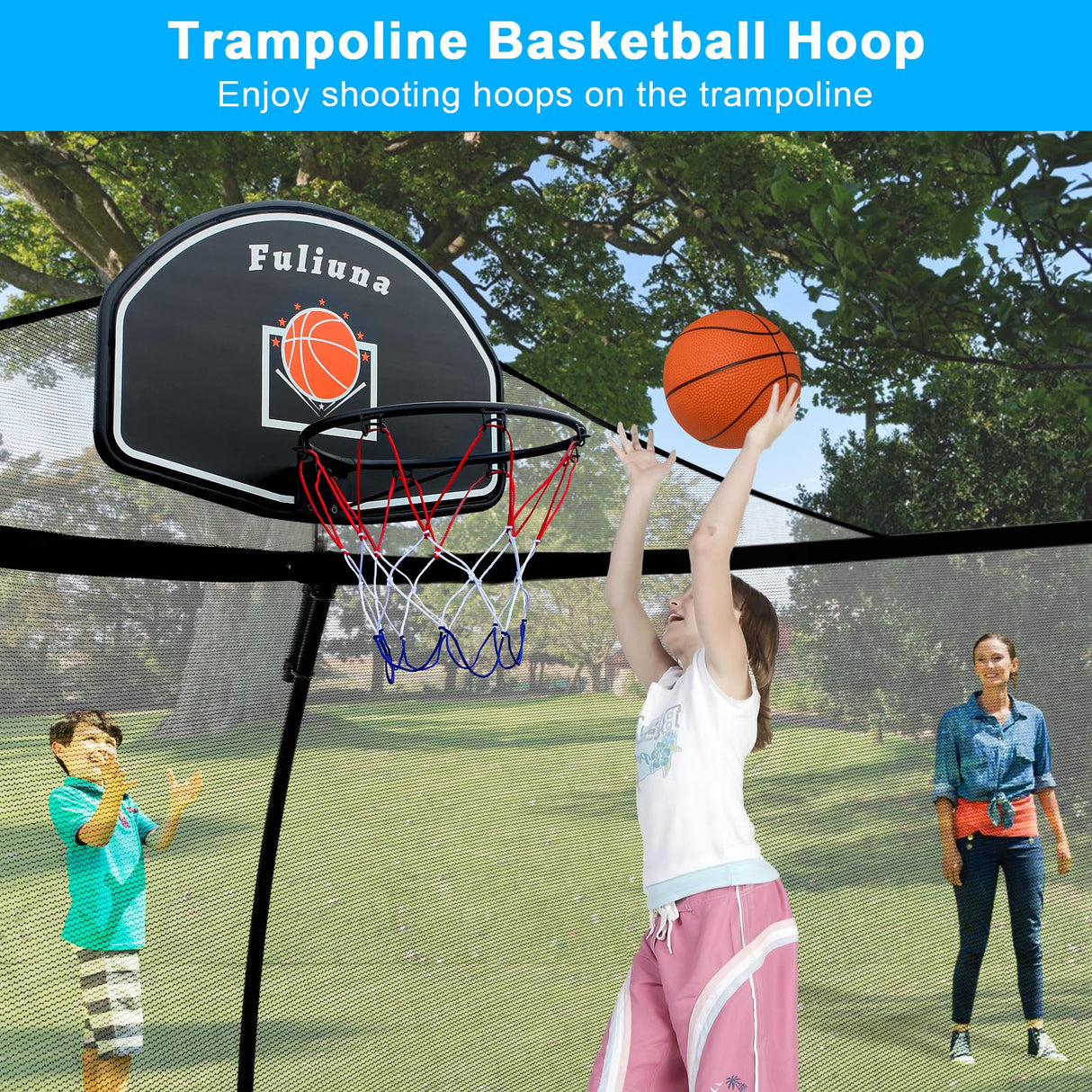 Alpcouts Trampoline Basketball Hoop, Basketball Hoop for Trampoline Fits for 25mm Straight Pole & Curved Pole, Trampoline Basketball Hoop Attachment with Protective Net,Mini Ball,Pump, Easy to Install Alpcouts