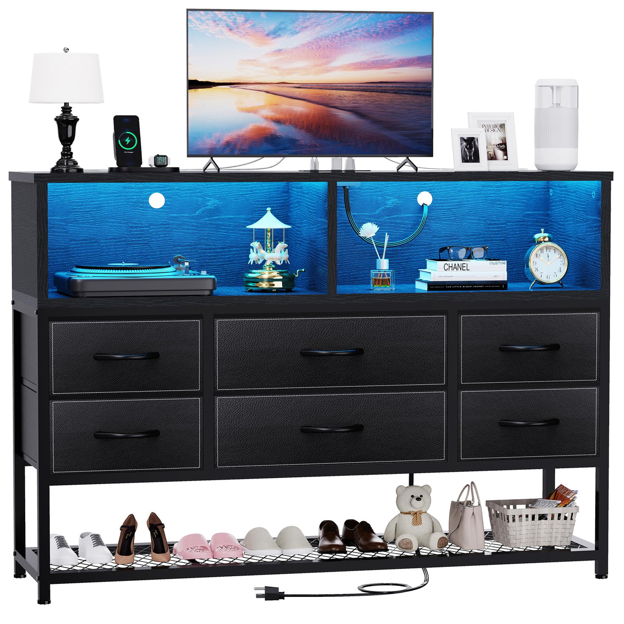 eiskah Black Dresser for Bedroom, 6 Drawers Led Dresser TV Stand with Power Outlets and LED Lights, Long Fabric Dressers Wide Chest of Drawers with Large Organizer Shoe Rack for Living Room, Entryway eiskah