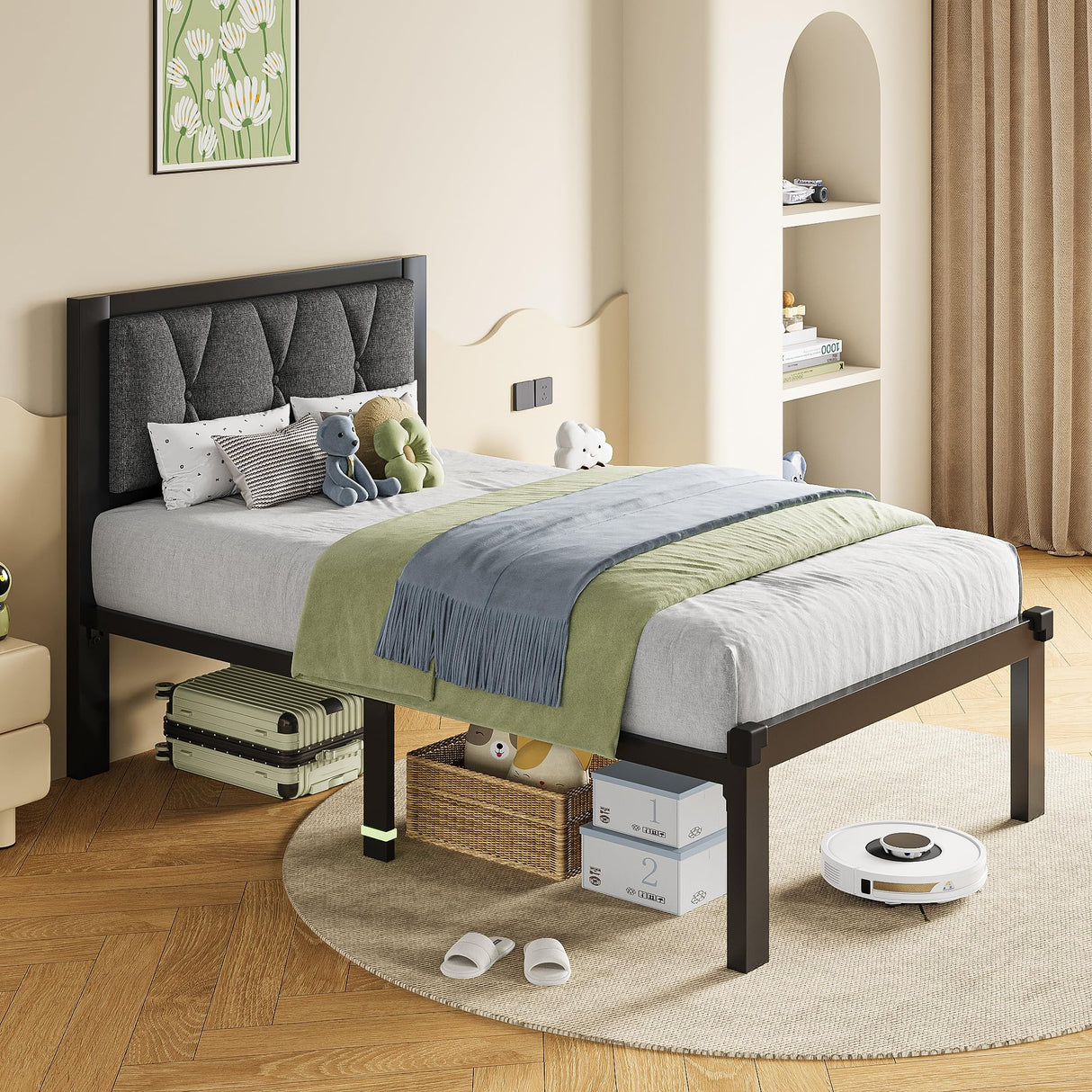 GalnFu Twin Metal Bed Frames, Upholstered Platform Bed Frame with Linen Button Tufted Headboard, No Box Spring Needed, Easy Assembly, Dark Grey GalnFu