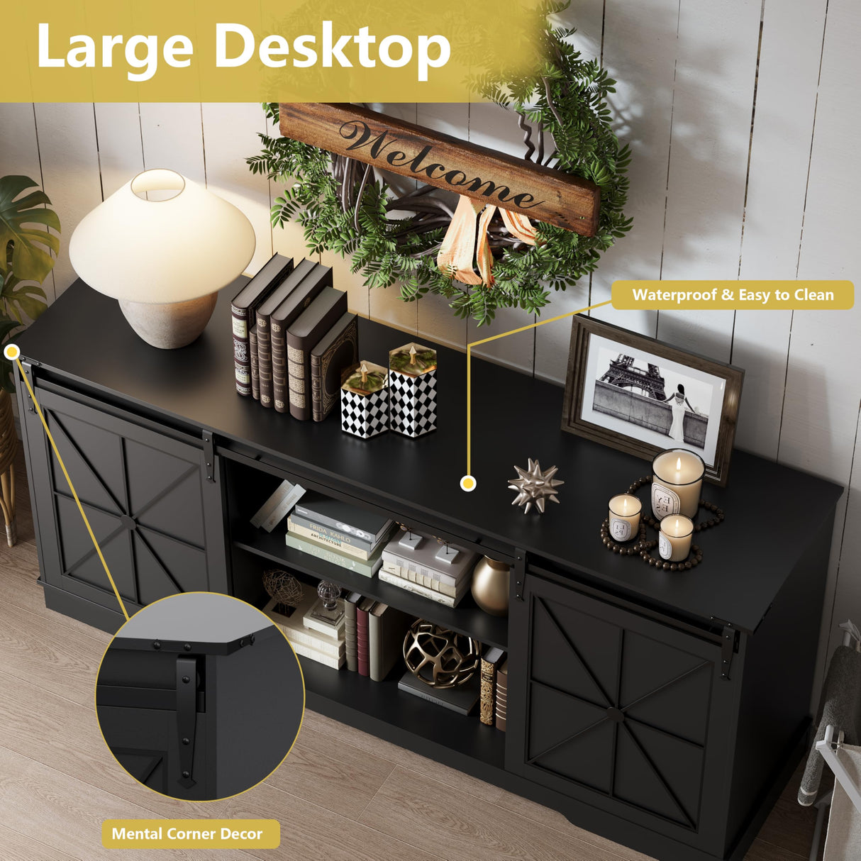 Farmhouse TV Stand for 65/60/55 Inch Tvs, Rustic Entertainment Center with Storage Cabinets & Sliding Barn Doors, Modern Media Console Table, Wood Television Furniture for Living Room, Bedroom, Black Xixini