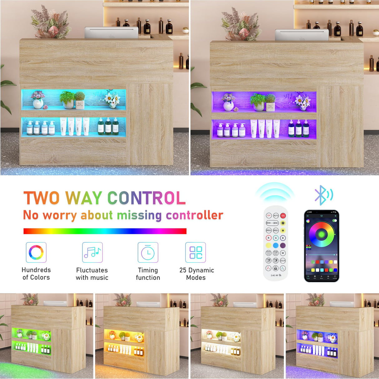 55" Reception Desk with LED Lights Power Outlets,L-Shaped Modern Front Desk Reception Room Table with Cable Grommet,Lockable Drawers,Retail Checkout Counter for Lobby,Salon,Home Office Desk,Oak Hlivelood