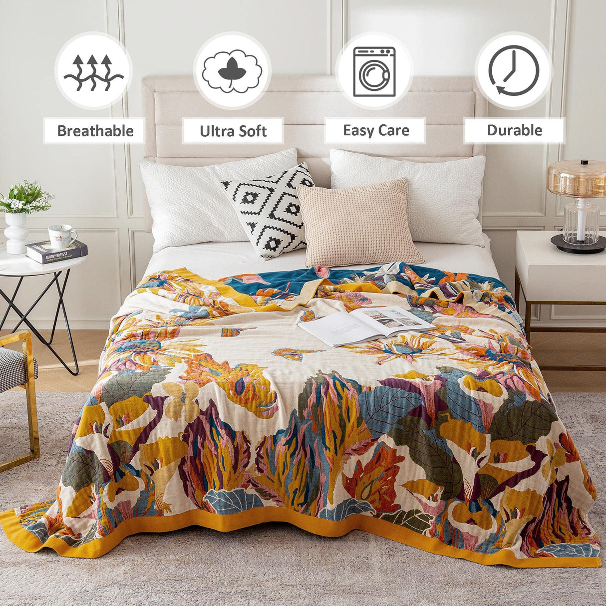 Boho Throw Blanket - 100% Cotton Ultra Soft Bed Throw Large - Fall Blanket Floral Bird and Butterfly Farmhouse Decor Bed Blankets,60"×80" All Season Blanket for Sofa Couch Chair LUTBM