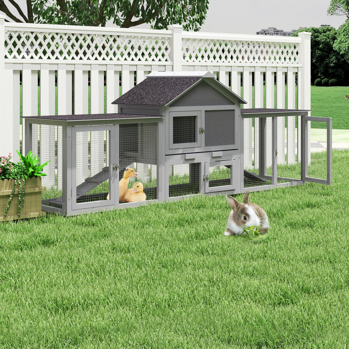 82.5” Large Wooden Rabbit Hutch Outdoor Easy to Assemble Rabbit Cage and Durable Bunny Hutch Indoor with Cleaning Tray & Waterproof Roof for Small and Medium Bunny Rabbit Chick (Grey) Nyeekoy