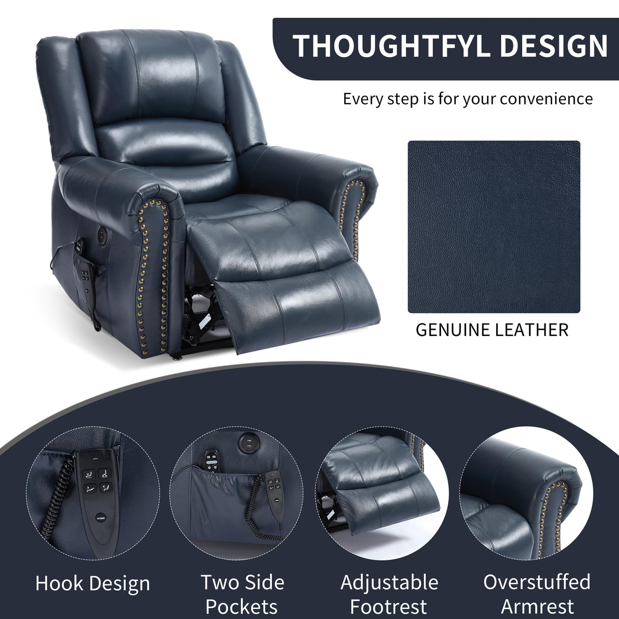 Dual Motor Power Lift Chair, Lay Flat Recliner Chair, Electric Recliner with Massage and Heat for Elderly, Remote Control, Infinite Position, Standing Assistance, USB Ports (Blue, Genuine Leather) Trustyue