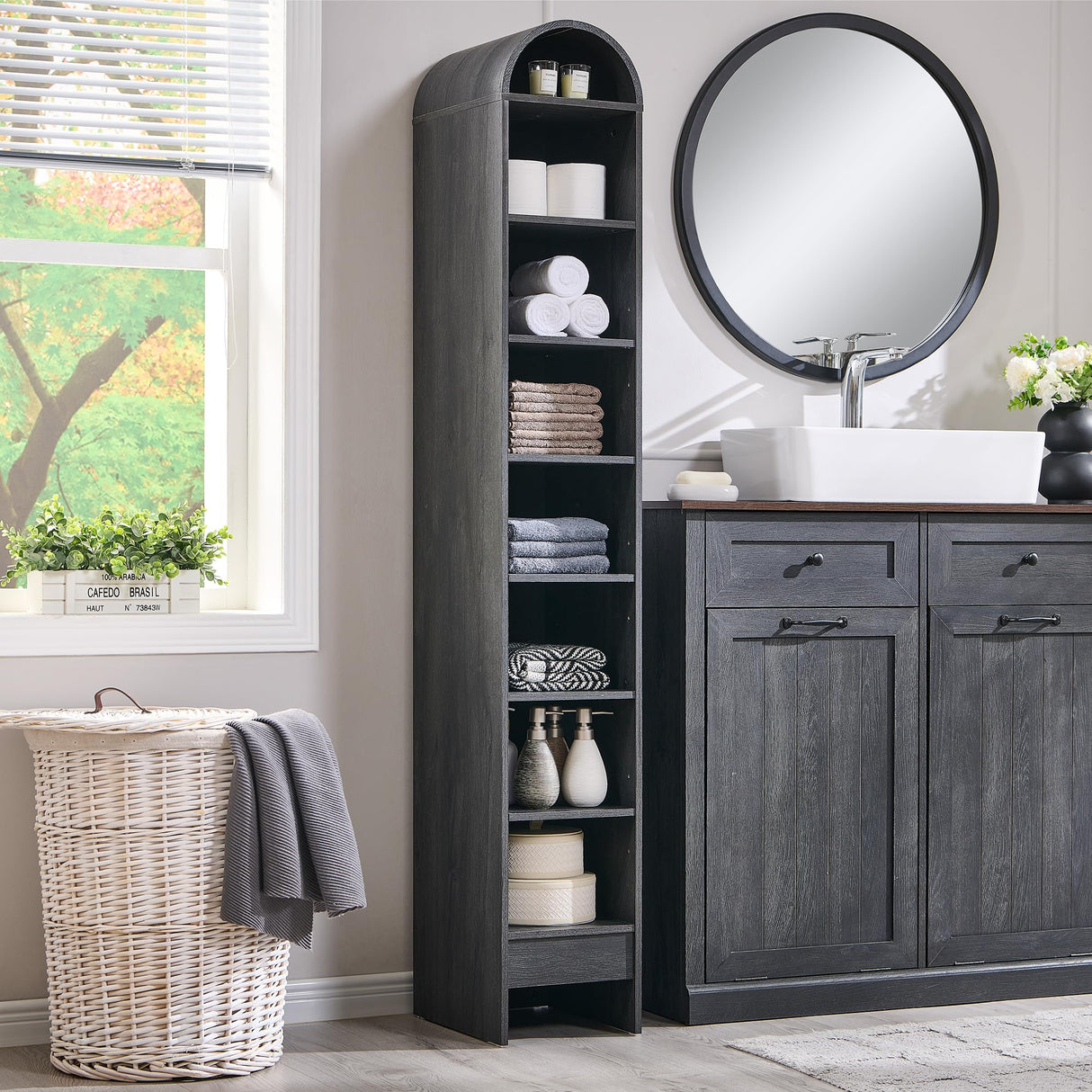 IFBUY 67" Tall Arched Bathroom Storage Cabinet, 8-Tier Modern Farmhouse Storage Cabinet with Adjustable Shelves, Wood Freestanding Cabinet for Bathroom, Living Room, Entryway, Hallway (Dark Grey) IFBUY