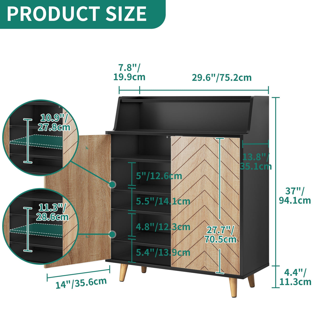 YITAHOME Shoe Cabinet with Doors, 5-Tier Shoe Storage Cabinet with Open Shelves, Large Capacity Wooden Shoes Rack Organizer with Pine Wood Legs for Entryway/Hallway/Closet YITAHOME