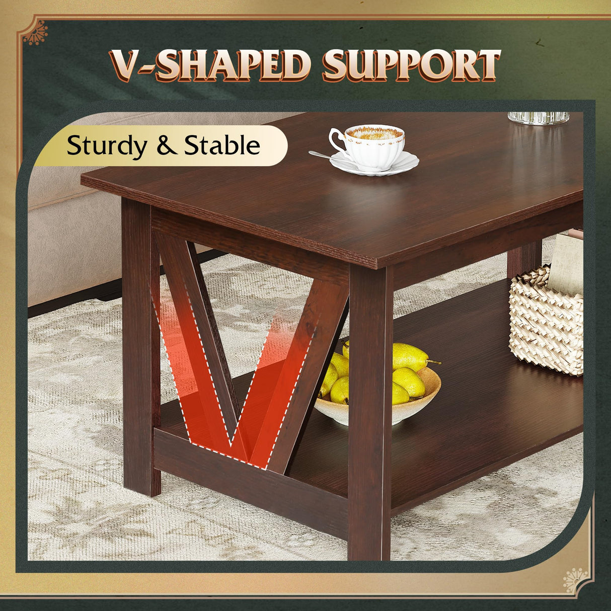 WLIVE Coffee Table with Storage Shelf, 39.4" Farmhouse Coffee Table with V-Frame Support, 2-Tier Wood Rustic Center Table for Living Room, Bedroom & Balcony, Espresso WLIVE