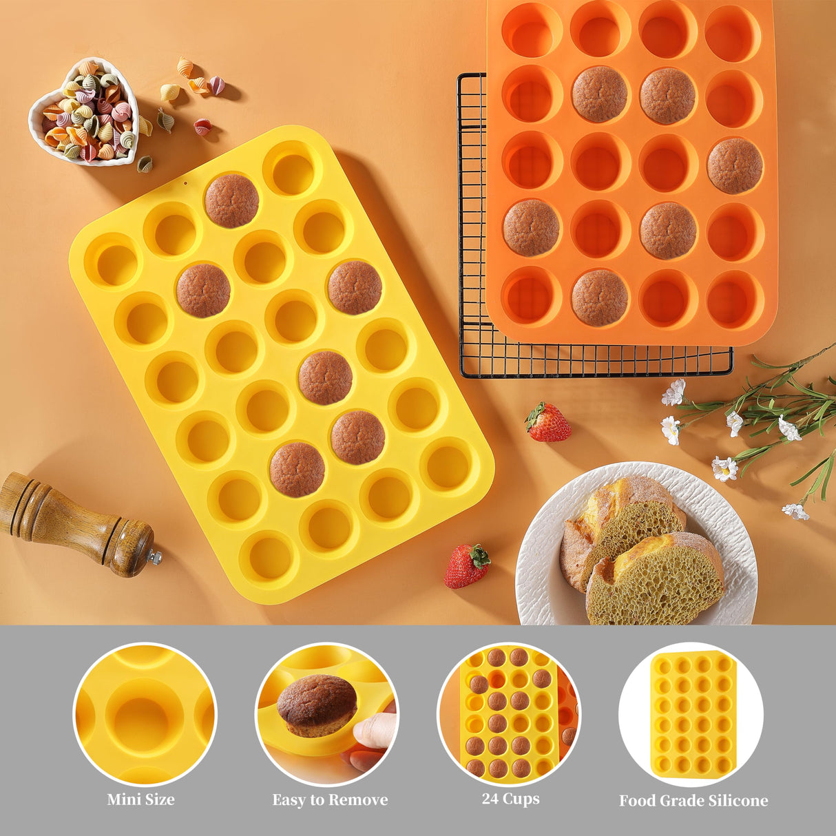 2PCS Silicone Mini Muffin Cupcake Pan, Kaloo Nonstick 24 Cups Silicone Muffin Pans for Baking, Great for Muffin, Cakes, Tart, Bread, Dishwasher Safe (Stylish Orange + Yellow, 24 Cups Each) KL KALOO