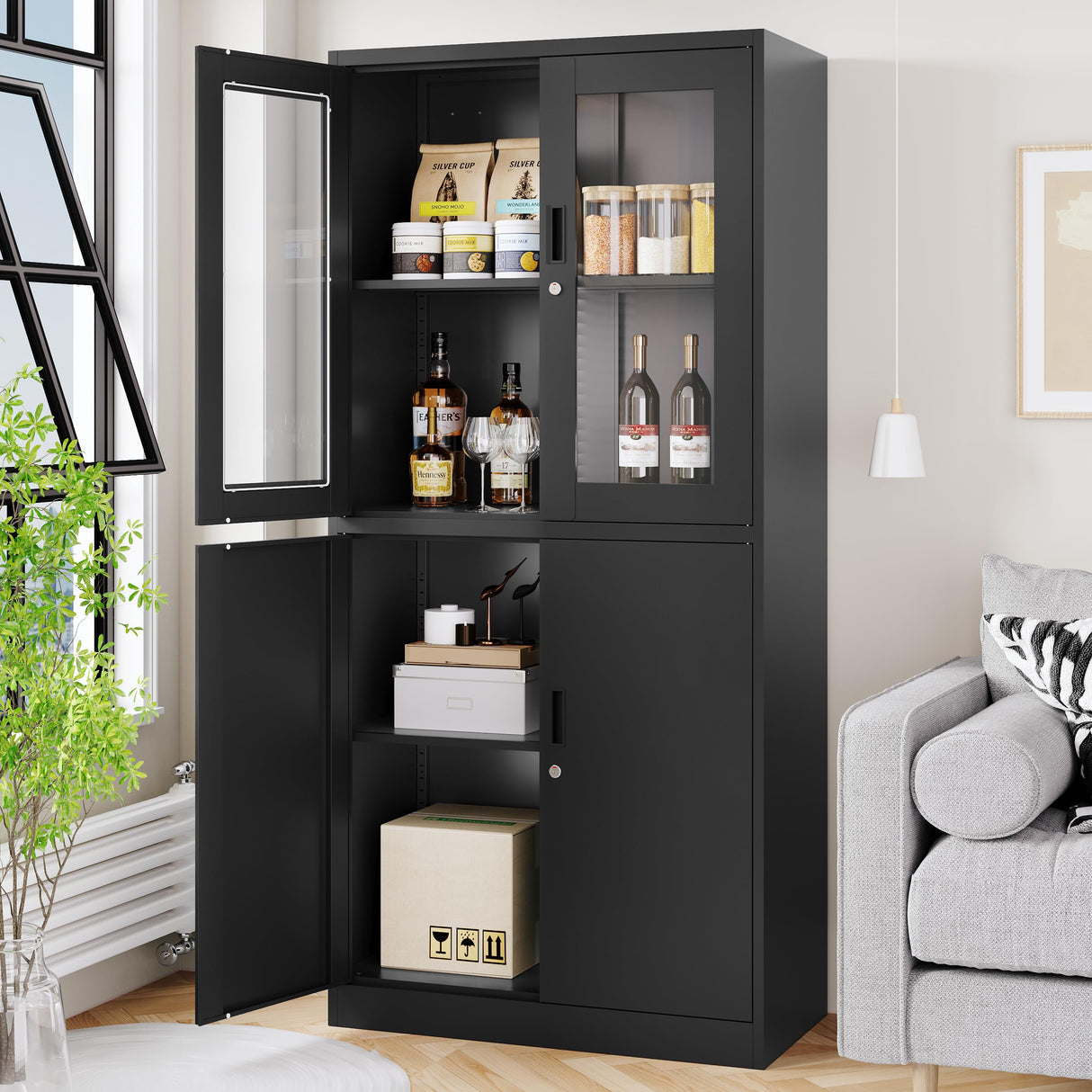 LISSIMO Metal Storage Cabinet with Glass Doors, Lockable Office Cabinet, 71" Tall Steel Cabinet with Adjustable Shelves for Home Office,School and Hospital (Black) LISSIMO