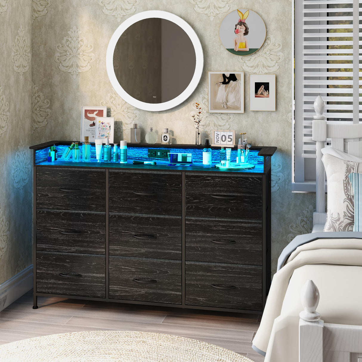 EXOTICA Black Dresser with Charging Station 9 Drawers Dresser with LED Light and USB Ports Fabric Dresser for Bedroom Hallway Entryway Closets Sturdy Steel Frame Wood Top EXOTICA