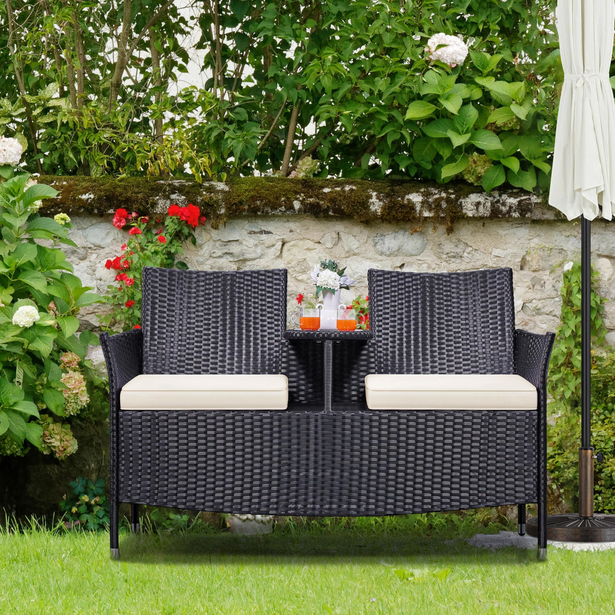 Yaheetech Patio Loveseat, Outdoor Wicker Double Chair w/Side Table, PE Rattan Furniture Set for Two People, Love Seat w/2 Removable Cushions & 1 Tempered Glass Side Table, Black/Beige Yaheetech