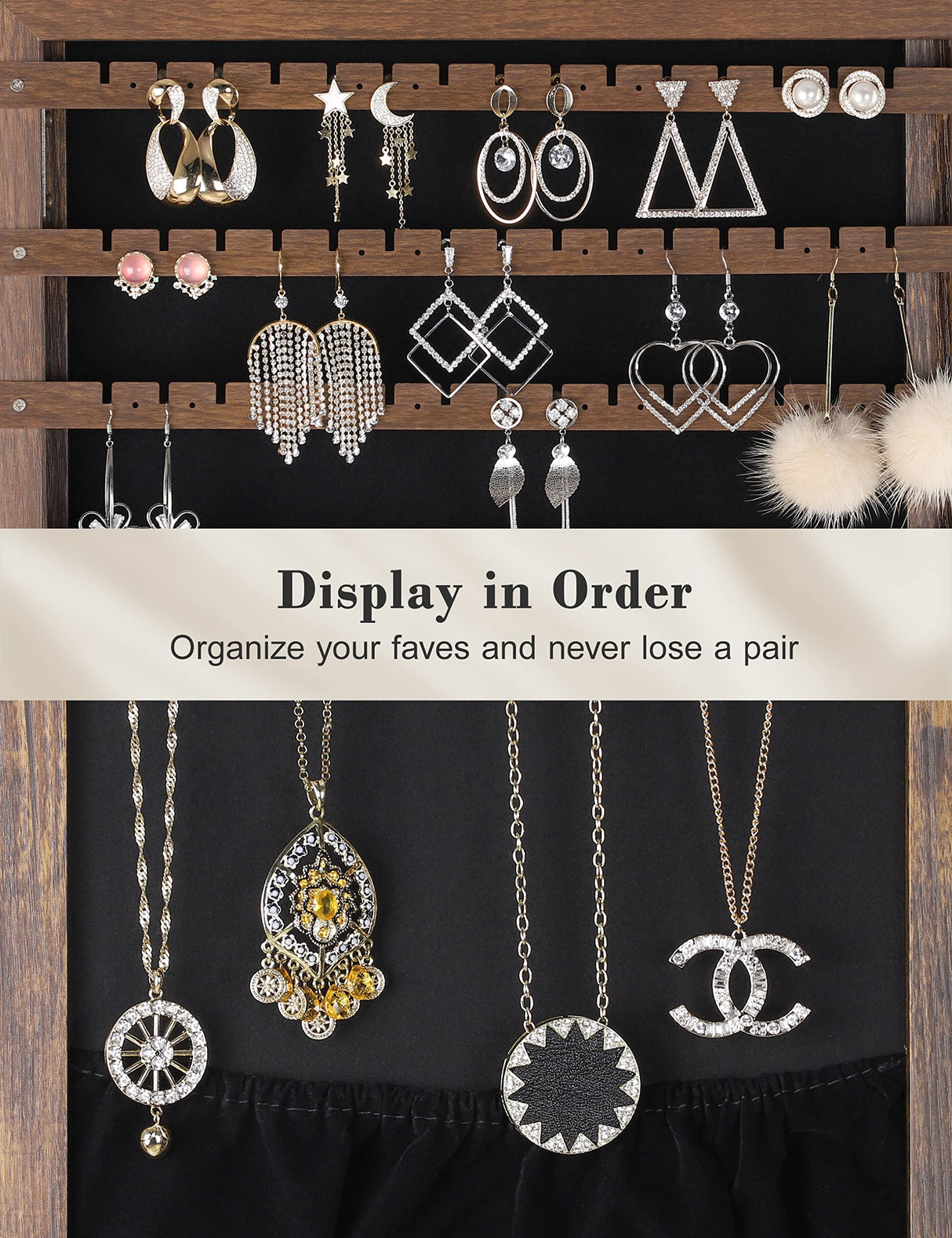 Nicetree 360° Swivel Jewelry Cabinet with Lights, Touch Screen Vanity Mirror, Rotatable Full Length Mirror with Jewelry Storage, Standing Jewelry Armoire Organizer, Christmas Gifts, Rustic Brown Nicetree