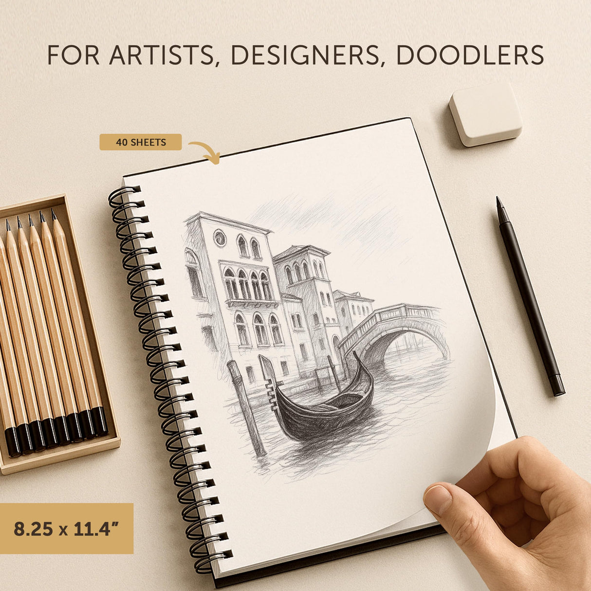 Artist’s Sketchbook Hardcover – 200GSM Very Thick Paper – Large, Spiral Sketch Book for Drawing and Mixed Media – Sketch Pad, Art Book - 8.25 x 11.4, 40 Sheets / 80 Pages String & Space